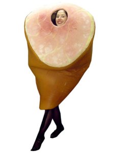 Model sports a Kenzo Ham Dress.  Meat outfits are evidently huge this year.