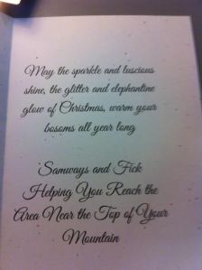 A glimpse at the message inside the Samways and Fick Annual Holiday Card.